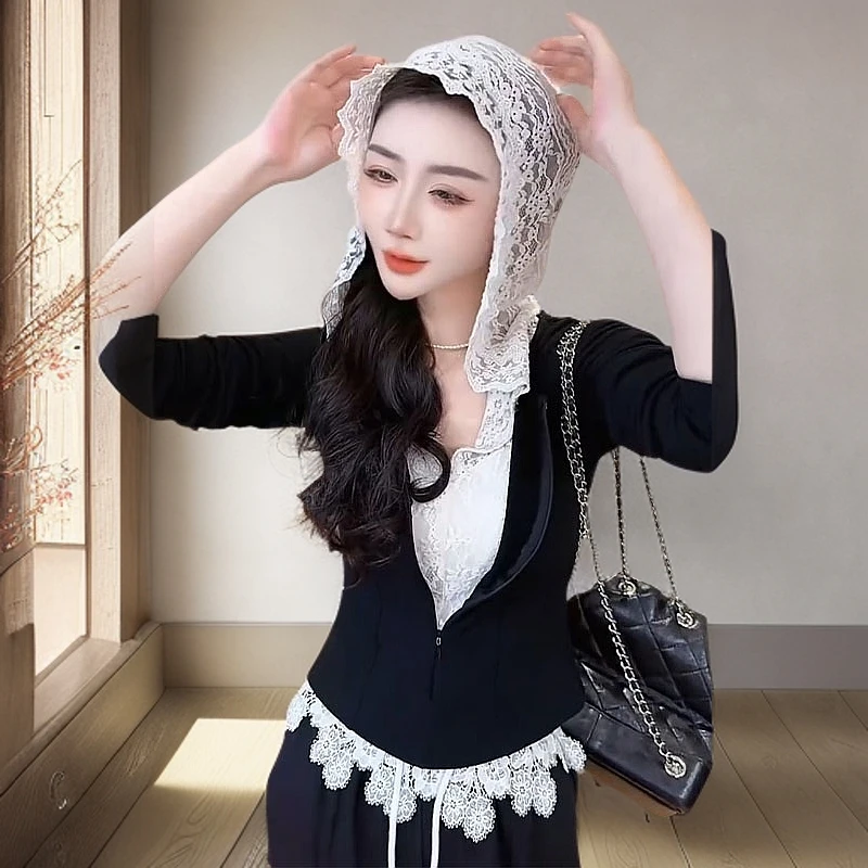2025淑女假两件开衫卫衣拼接蕾丝连帽短款打底衫时尚t恤洋气百搭