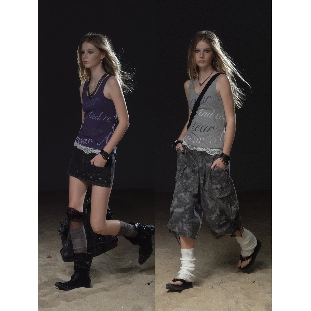 夏季百搭两色蕾丝字母撞色印花u领修身弹力针织背心吊带上衣F3634