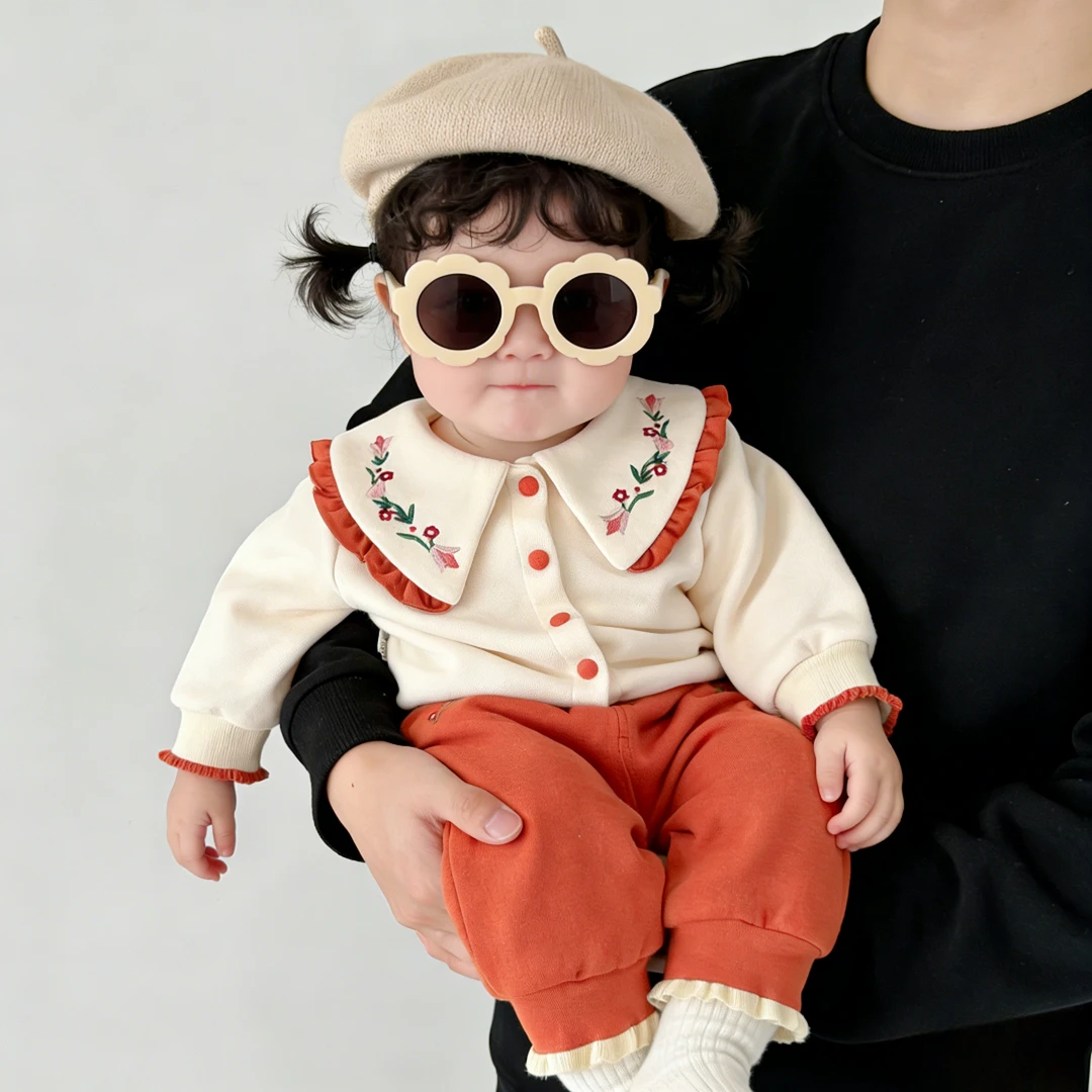 童装女童套装开衫冬季新款儿童刺绣小花加厚两件套女宝宝衣服