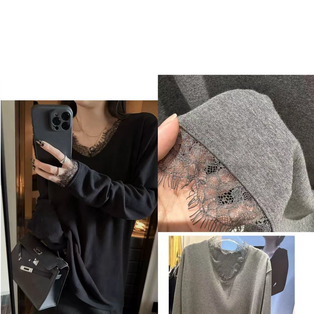 【王大艳家】1229，时尚百搭显瘦蕾丝边V领打底衫