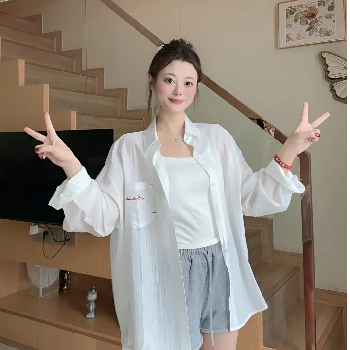 2025新款舒适口袋刺绣莱赛尔薄款防晒衬衫透气外套女休闲宽松上衣