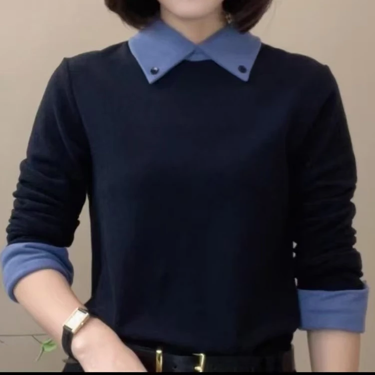 【加绒加厚】2025冬季新款拼色领子时尚长袖百搭气质翻领中老年女装