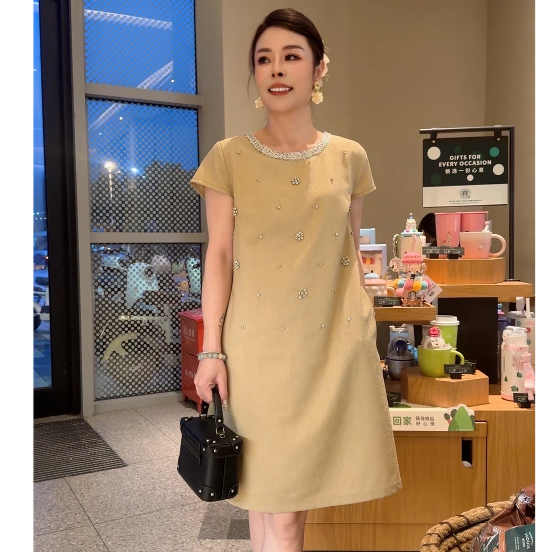夏季新款钉珠小香风高级时尚气质宽松显瘦百搭女装连衣裙B556