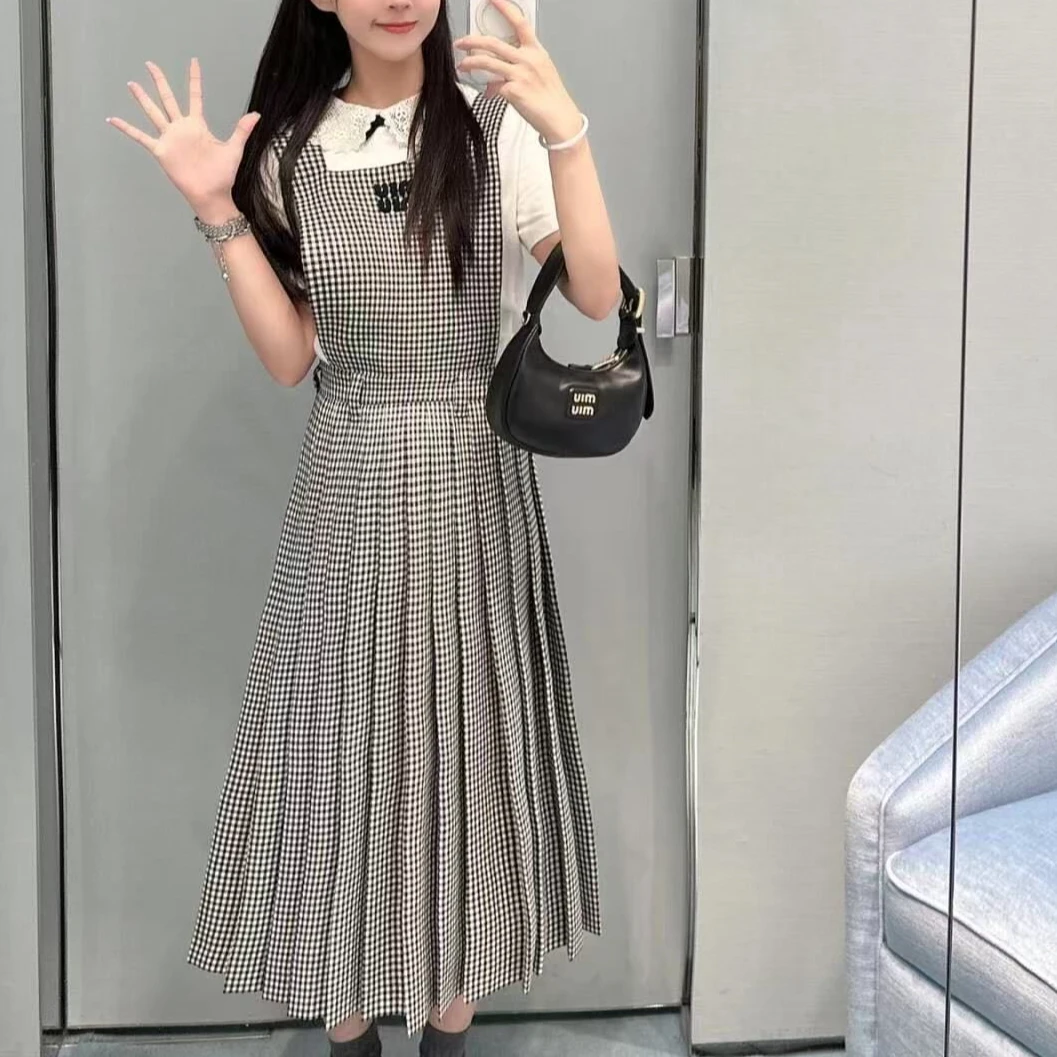 全新未使用 MIU MIU/缪缪 格纹百褶连衣背带裙/40码