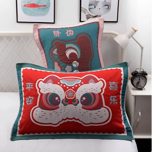红红火火平安喜乐醒狮加厚八层棉枕巾枕头巾一对装  11122
