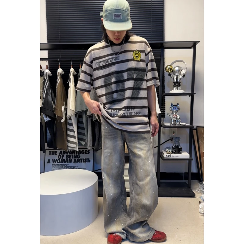 E17推荐美式复古条纹宽松短袖T恤男女情侣款