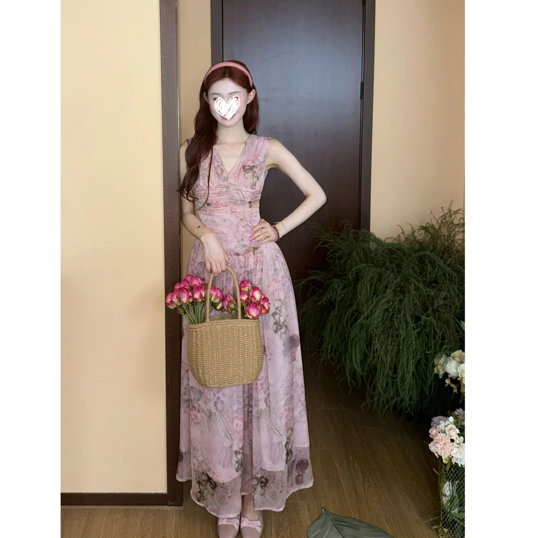 【时光画布】v领显瘦气质夏季法式长裙美静在这粉色连衣裙1422