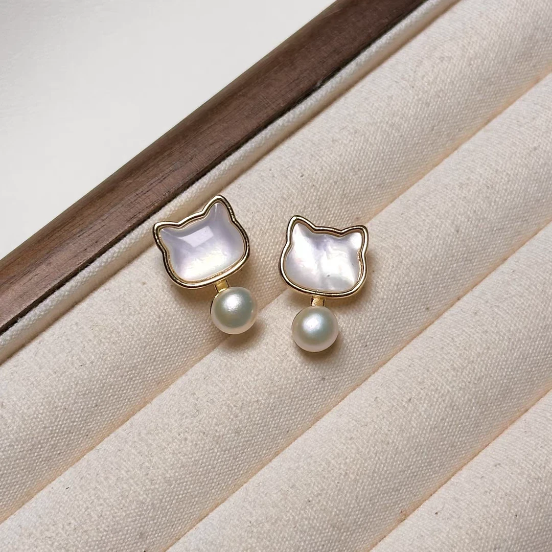 日系可爱珍珠耳饰天然淡水真珍珠耳环女俏皮猫咪贝壳耳钉S925银针