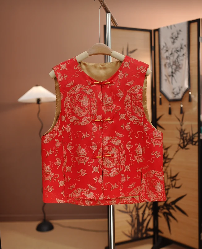 【寒烟】新款2025本命年穿搭金线刺绣中国风红色马夹坎肩女