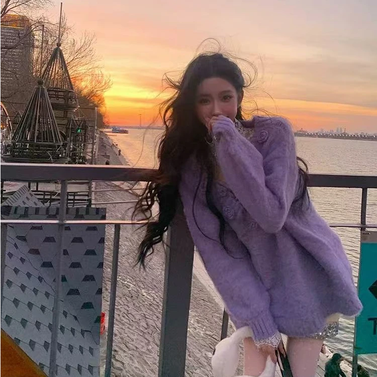 梦梦 MENGMENG｛秋冬宽松慵懒露肩立体花朵毛衣}