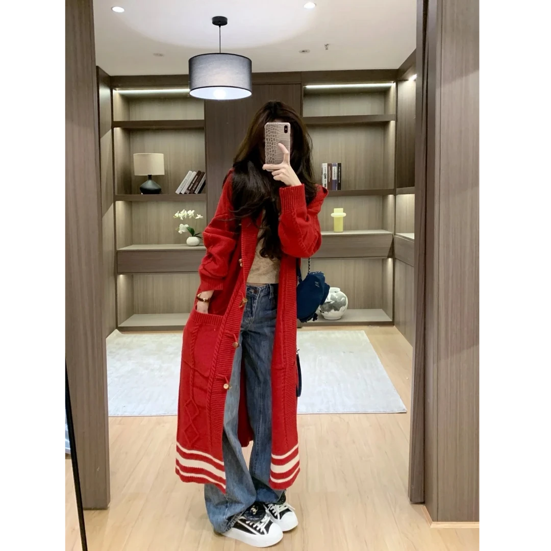 连帽毛衣外套女中长款慵懒针织开衫春秋冬本命年2025新款红色毛衣