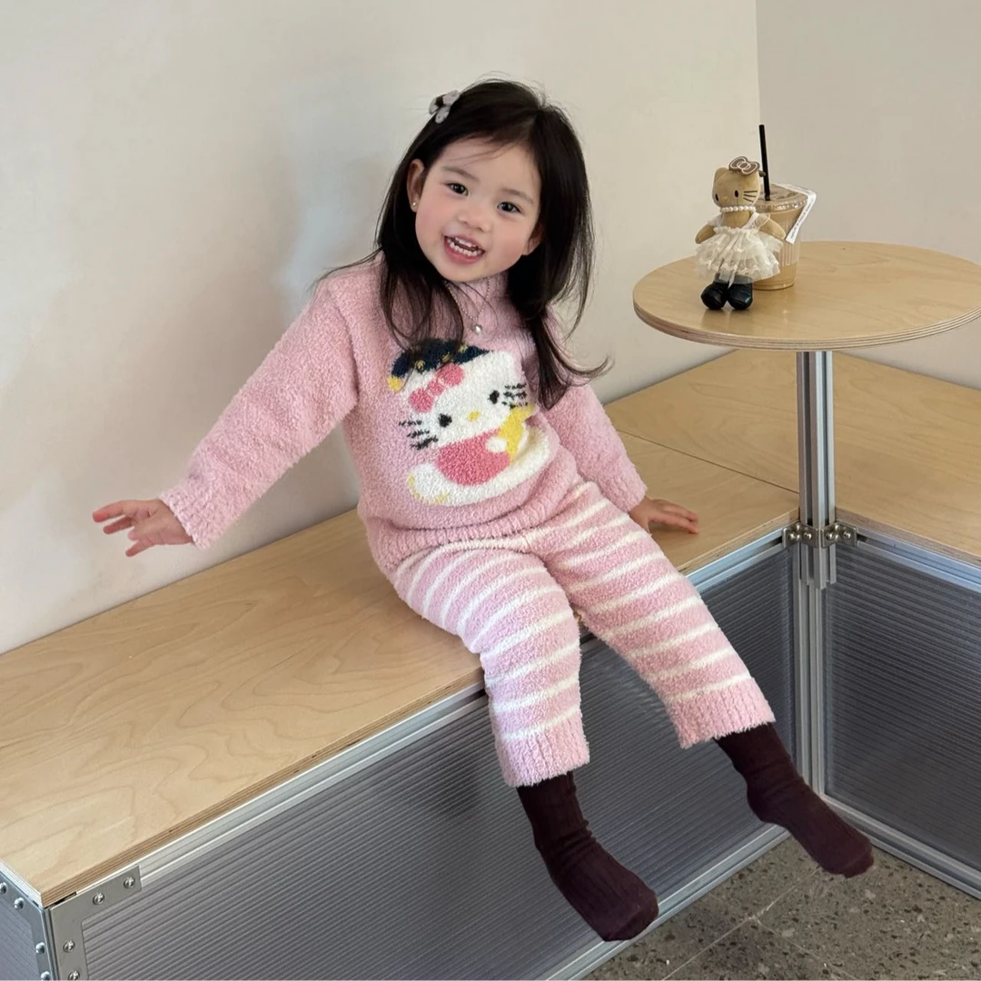 甜小七2025冬季韩版可爱KT套头上衣条纹裤女童半边绒家居服套装