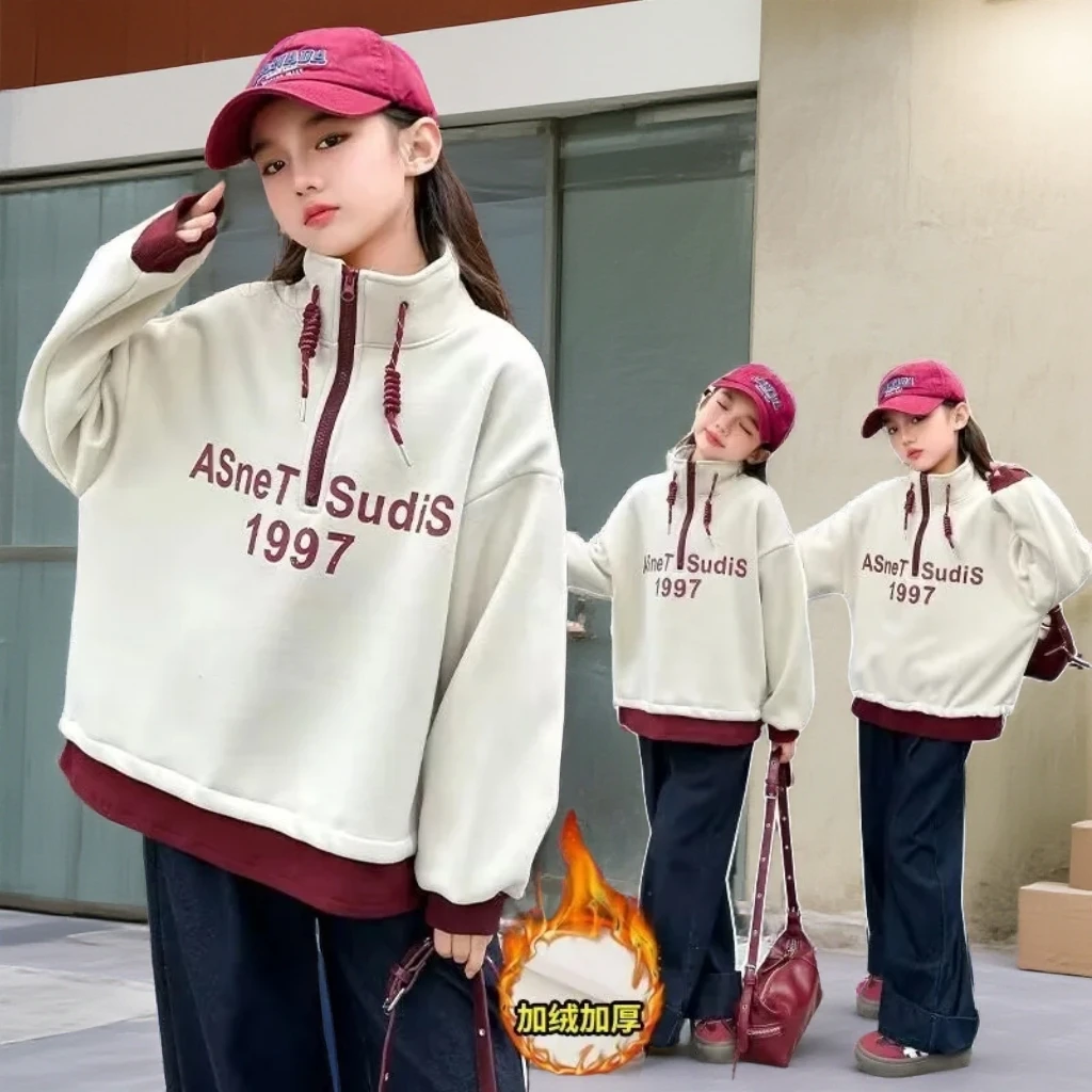 女童学院风卫衣秋冬新款小女孩加绒冬装上衣潮流宽松儿童休闲上衣