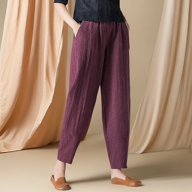 棉麻女裤2025年新春夏九分裤宽松薄款棉麻松紧腰哈伦裤百搭休闲裤