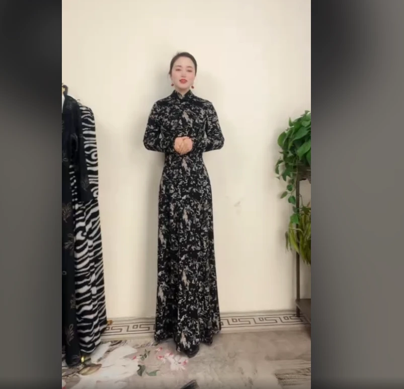 水墨黑复古气质显瘦春秋冬一体绒修身中国风旗袍裙