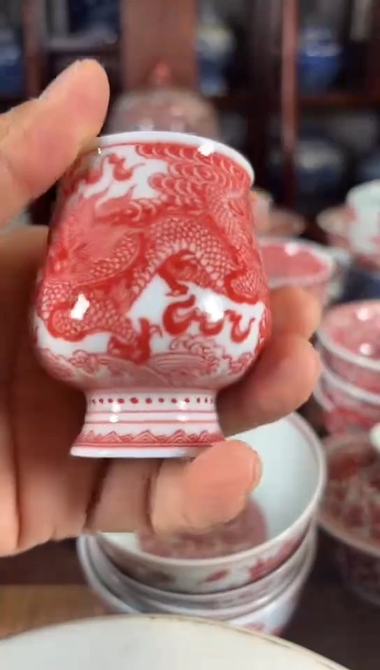 柴窑釉里红双龙戏珠高足杯