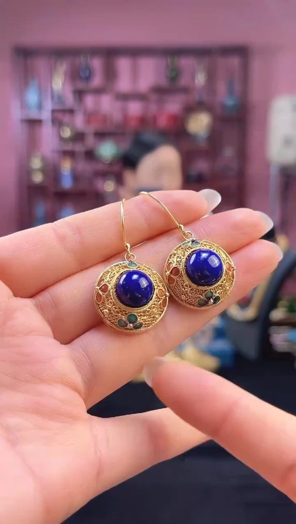 非遗技艺 花丝镶嵌耳饰 青色 镀金