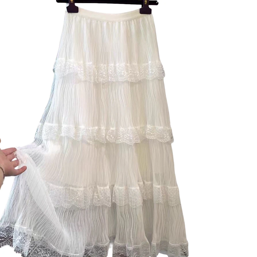 高腰半身裙新款新款蕾丝花边显瘦时尚百搭中长款百褶网纱裙【8116】