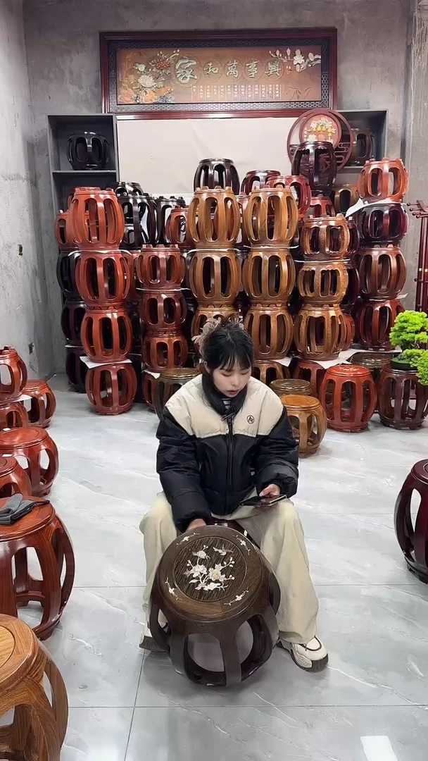 【闪购商品】鸡翅木类家具鸡翅木大号印花鼓凳一对