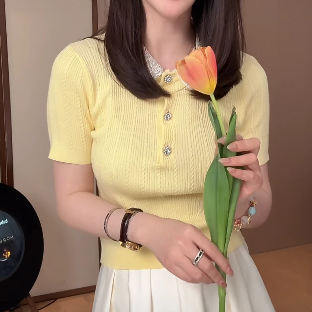 老钱风重工POLO领网格钉珠针织短袖T恤女2025春夏设计感黑色上衣