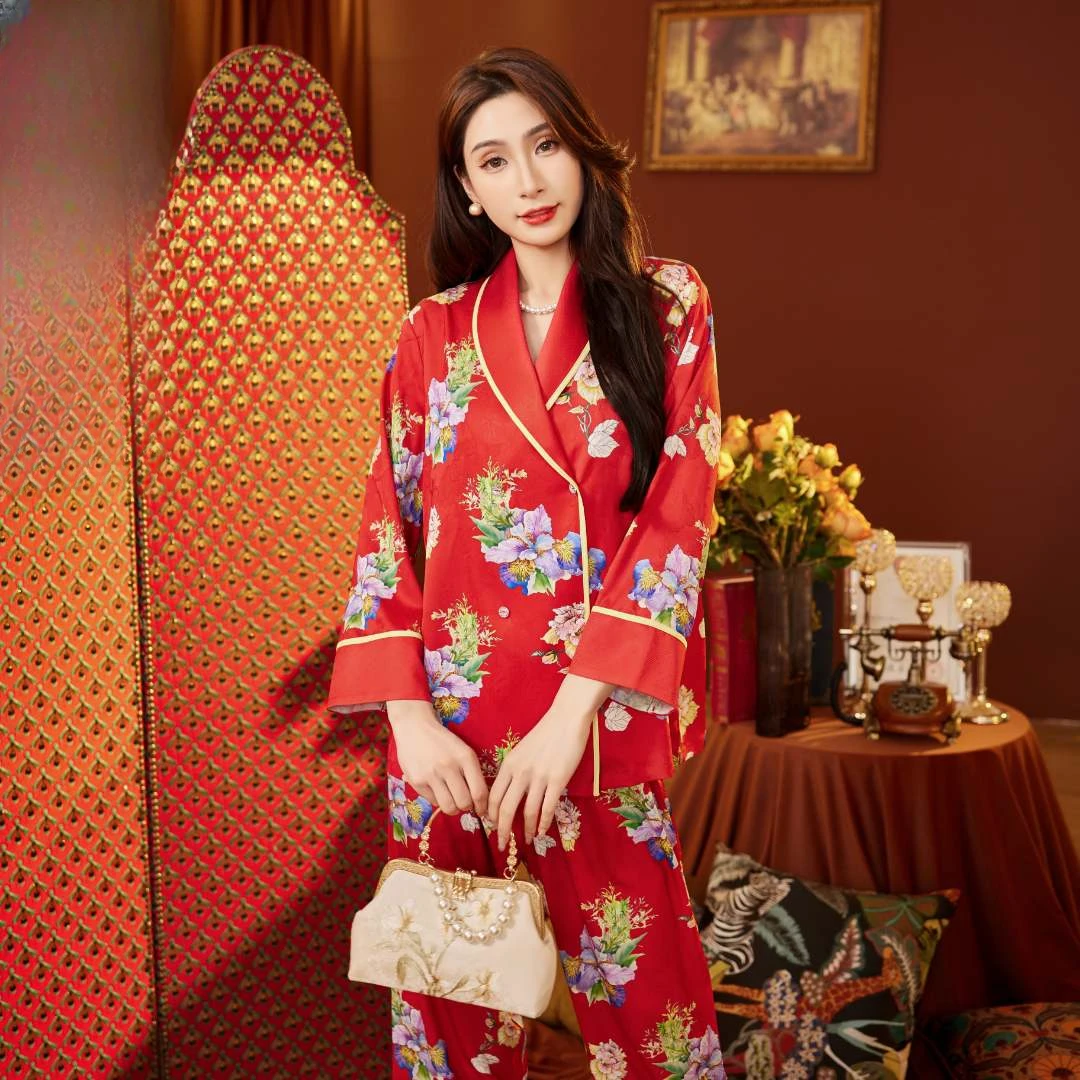 达芬奇密码本命年新款软丝高档外穿家居服睡衣套装红色女款春秋