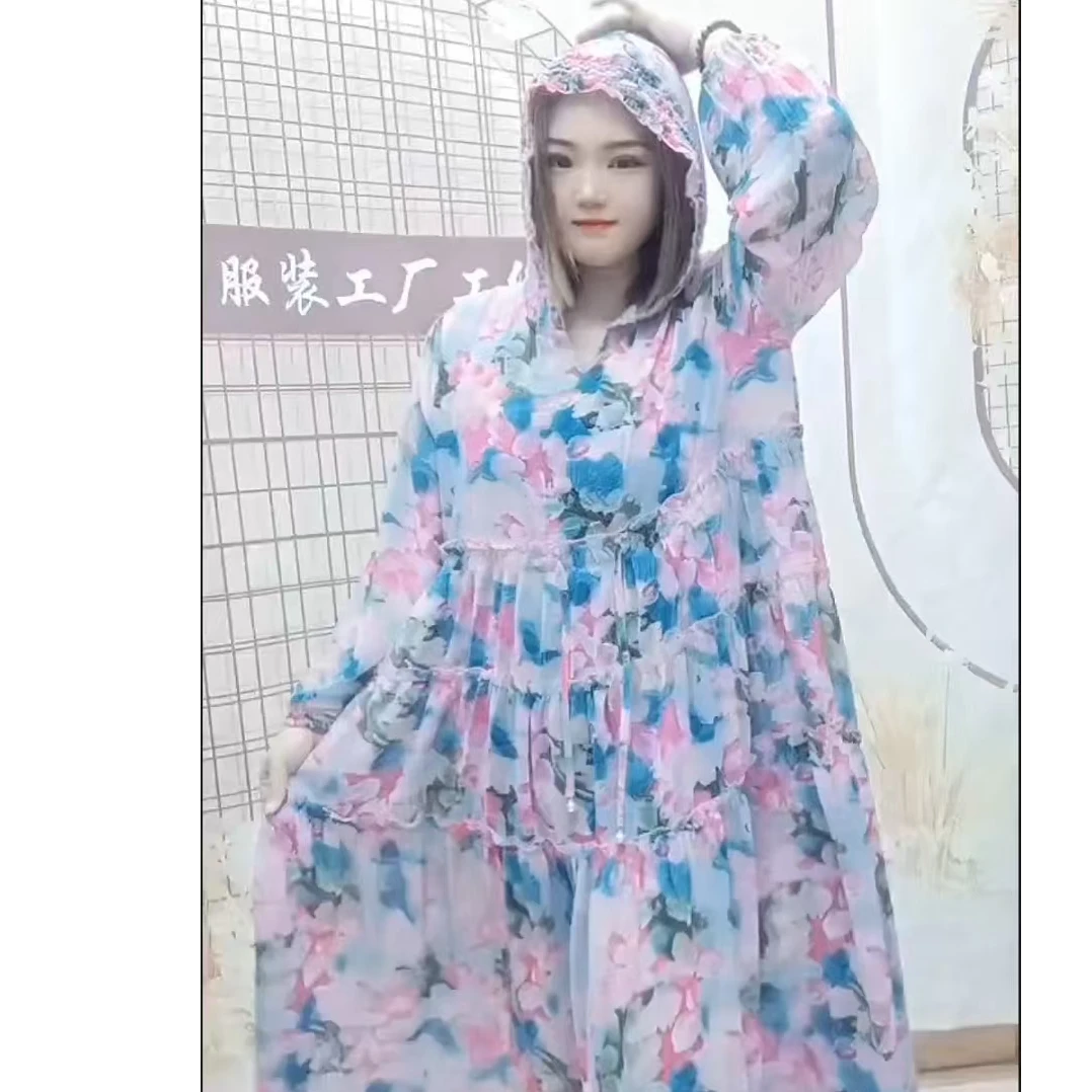 2025年新款大码女装长袖长裙抽绳连帽款防晒裙