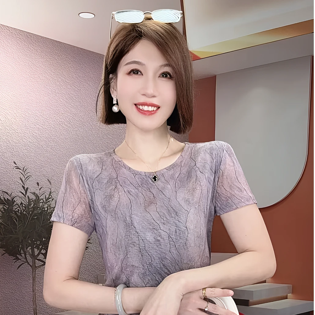 睿萌女装高档网纱短袖T恤女内搭外穿洋气薄款打底衫上衣印花弹力t