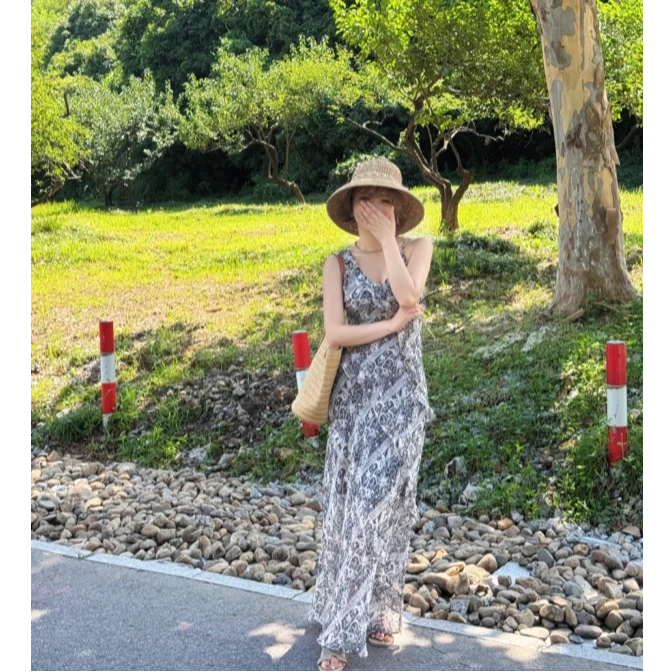<K KING>【复古杂志】小个子法式海边度假气质收腰印花吊带连衣裙
