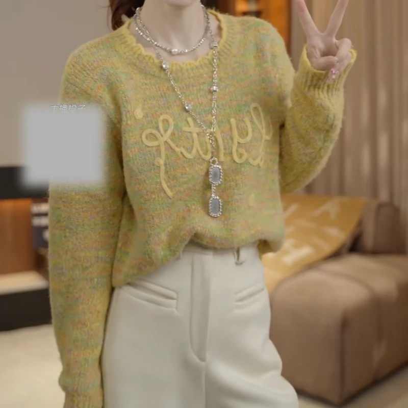 2025秋冬新款韩系百搭字母波浪边圆领套头毛针织上衣LK2507753