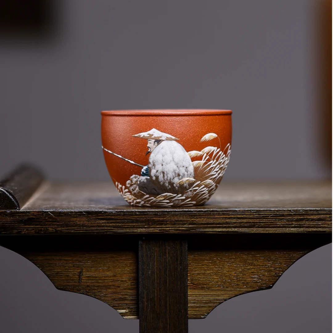 宜兴紫砂茶具 原矿红降坡泥料匋斋济寒江独钓雪主人杯品茗杯