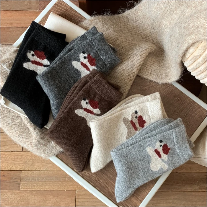 【主播推荐】儿童袜子秋冬季保暖羊毛袜红色围脖小狗无骨男女中筒袜