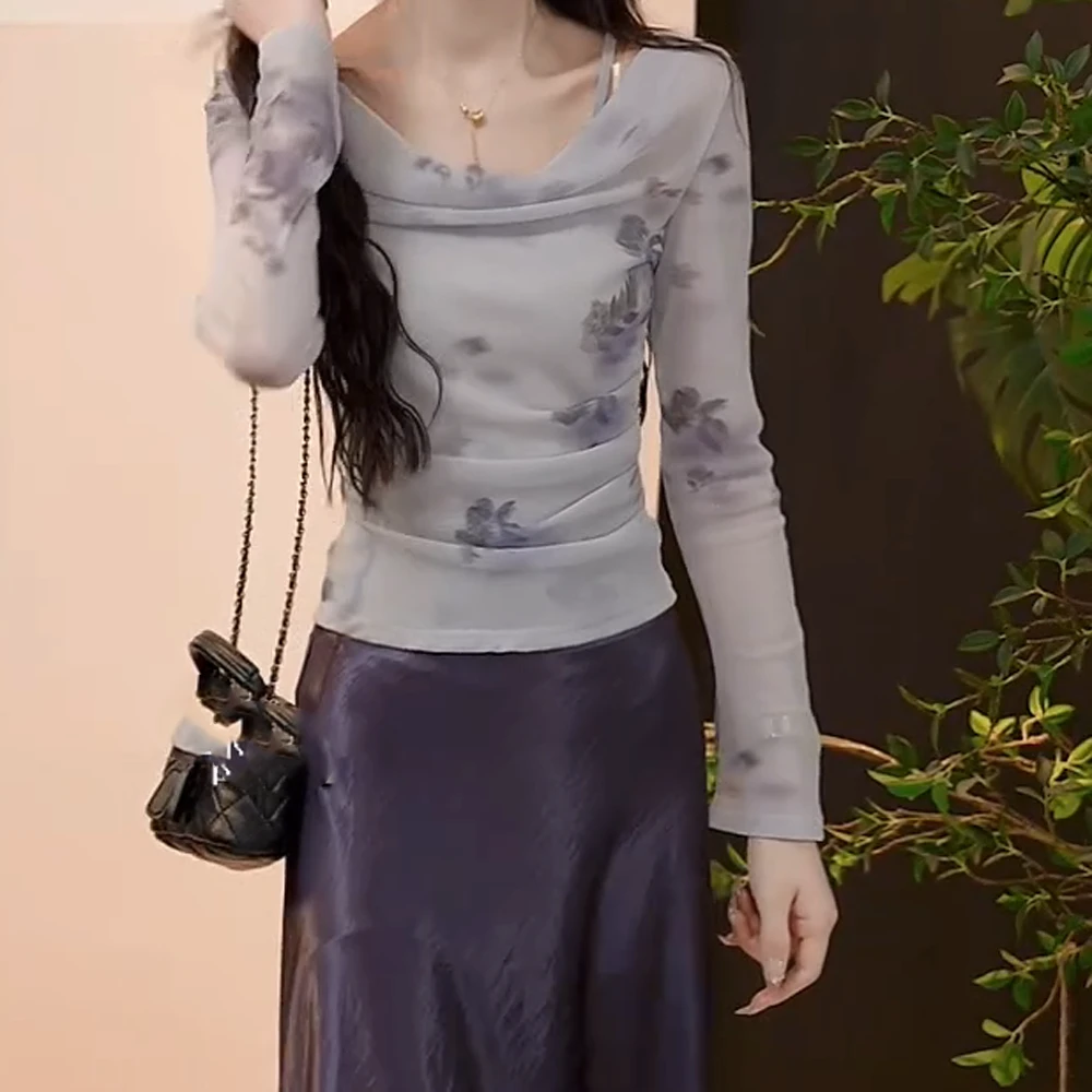 【风信谧语】春季上新气质法式复古修身温柔风印花长袖荡领T恤女