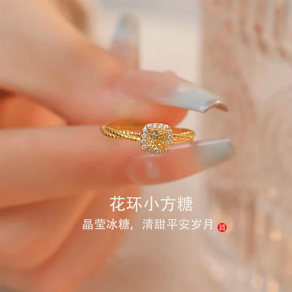 足银合成锆石戒指 落霞银铺足银990花环小方糖戒指古法描金工艺