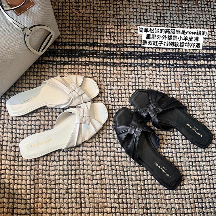 【sheii苏茵茵】追求舒适~方头一字皱褶平底沙滩拖鞋女凉拖E5105002