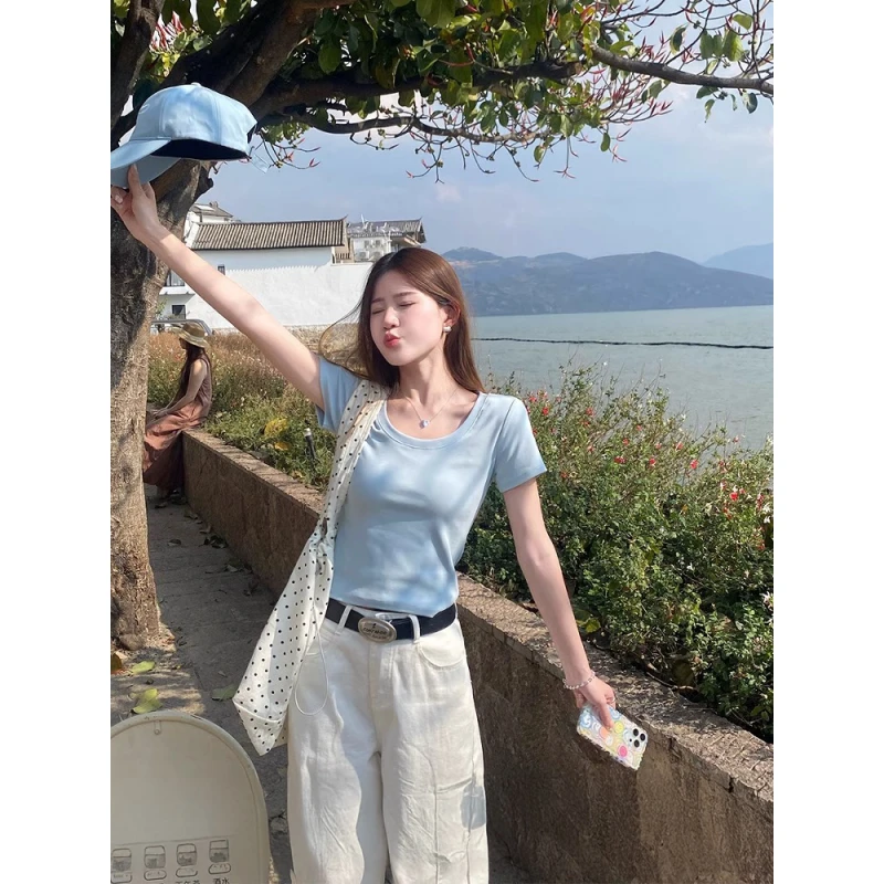 花乐集多巴胺蓝色短袖恤女夏季新款修身百搭纯色领正肩短款上衣