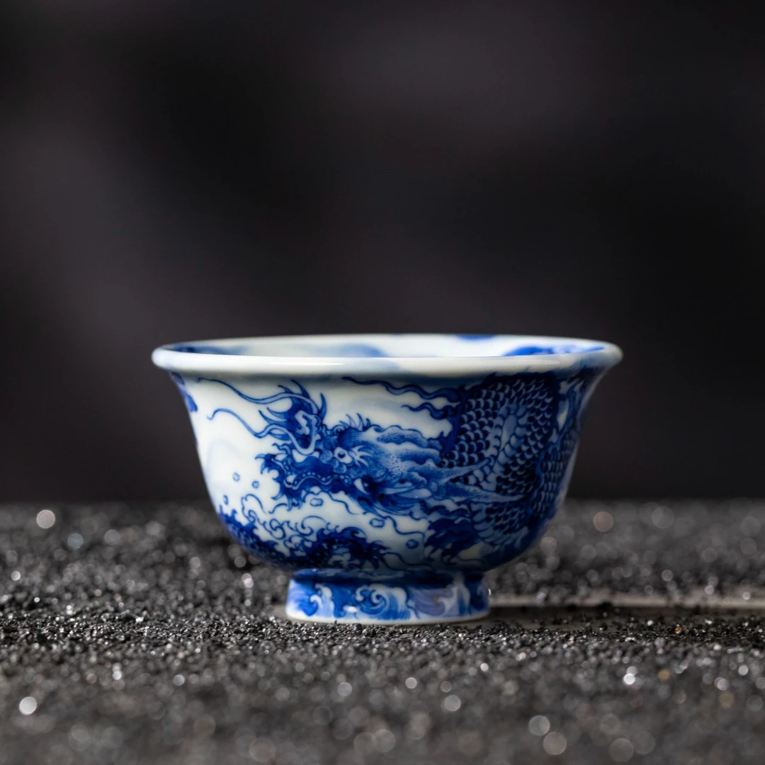 『瑶瑶严选』刘建锋窑青花荷花龙压手杯精致手绘青花家用陶瓷茶杯