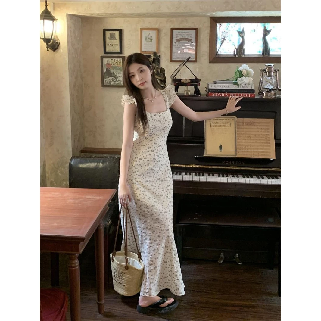 【清仓】复古氛围感法式飞飞袖碎花连衣裙女夏季2025新款小众收腰显