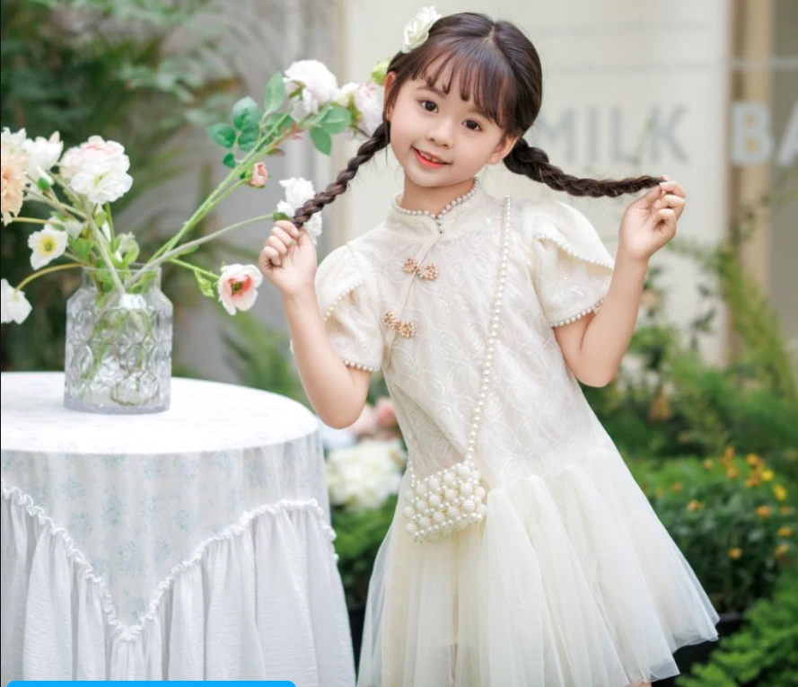 H9522新中式【盘扣珍珠--小礼服】2025新款女童连衣裙