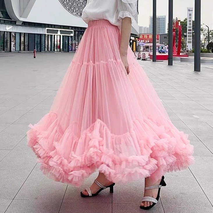 风华珏（迷蝶）春夏法式复古小众不规则大摆网纱中长款显瘦半身裙