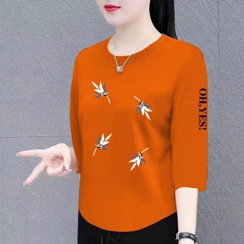 纯棉时尚洋气新款韩版休闲百搭上衣圆领体恤衫女士大码秋季t恤