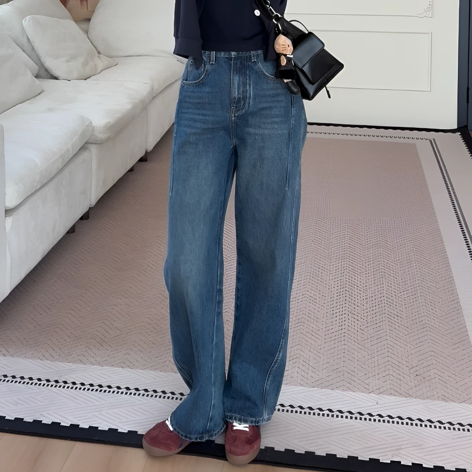 【余欢欢】秋季通勤百搭显瘦拼接牛仔镰刀长裤-YHK50312