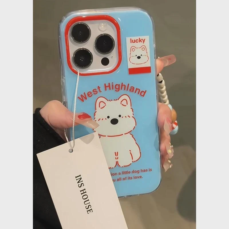 英文小白狗适用于iPhone16promax/15大孔白色IMD壳华为vivo小米xr