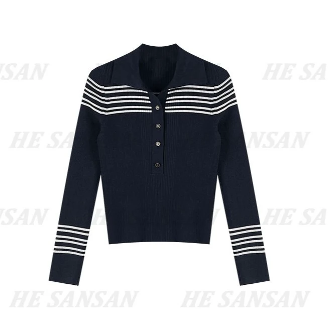 【TTIAN】气质翻领百搭撞色条纹设计款长袖套头上衣DY-1471