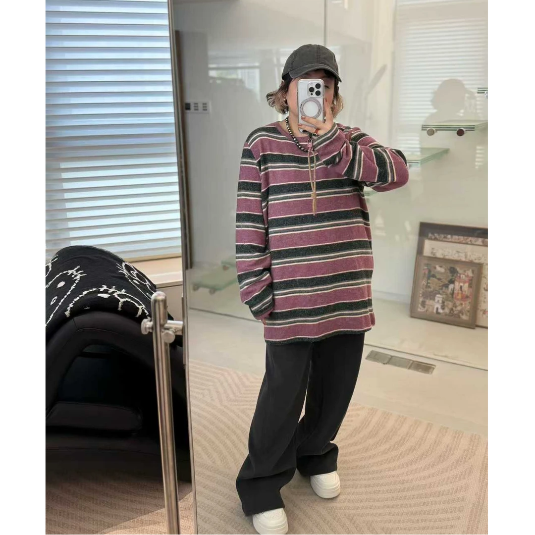 MEET   冬季百搭条纹毛绒T恤