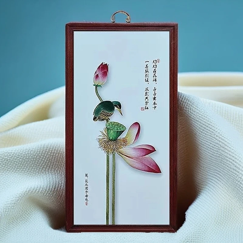 景德镇瓷板画柴窑烧制玄关出水荷花实木梅兰竹菊四条屏挂画