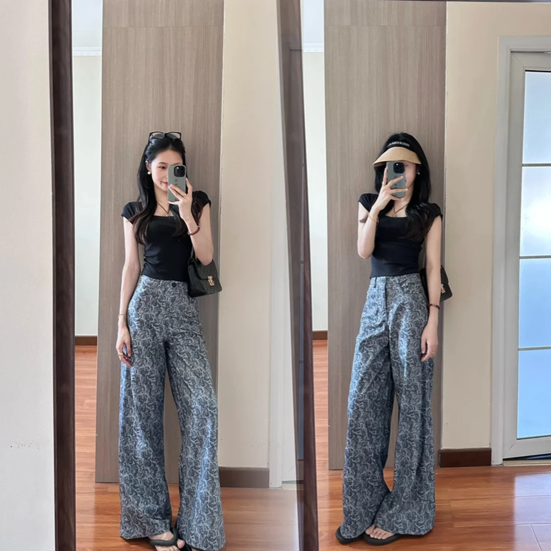 休闲夏季显瘦阔腿裤2025高腰女减龄套装不撞款两件套短袖T恤时尚