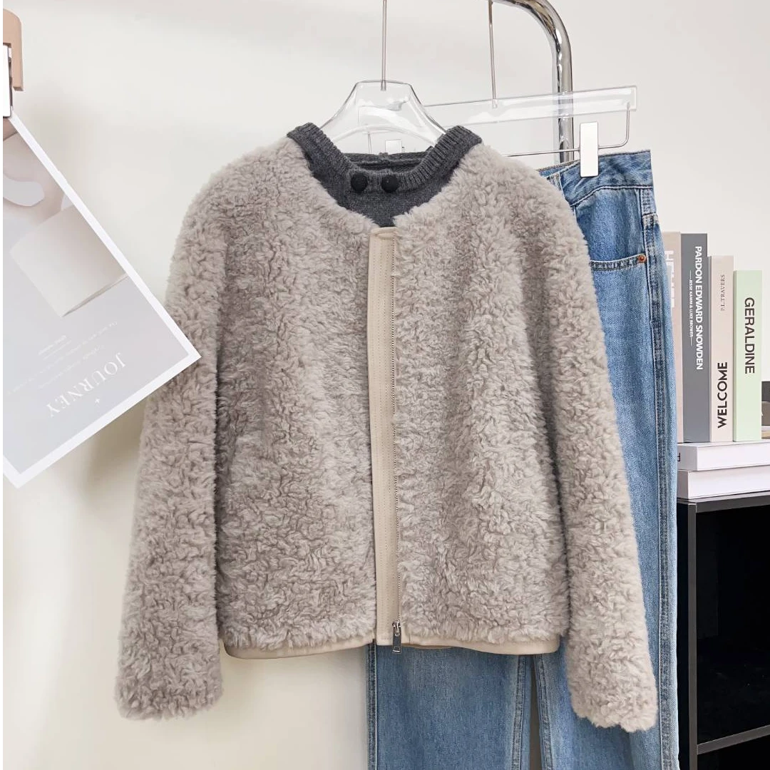 Y11绵羊毛100%羊剪绒外套圆领颗粒绒短款上衣2025冬季款