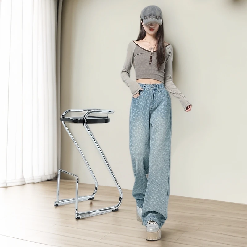 柔弛提花阔腿牛仔裤辣妹高腰慵懒宽松复古做旧垂感美式直筒2208
