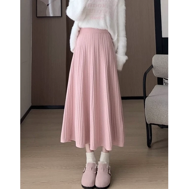 9003温柔风针织百褶半身裙女秋季高腰显瘦A字裙中长款遮肉大摆裙