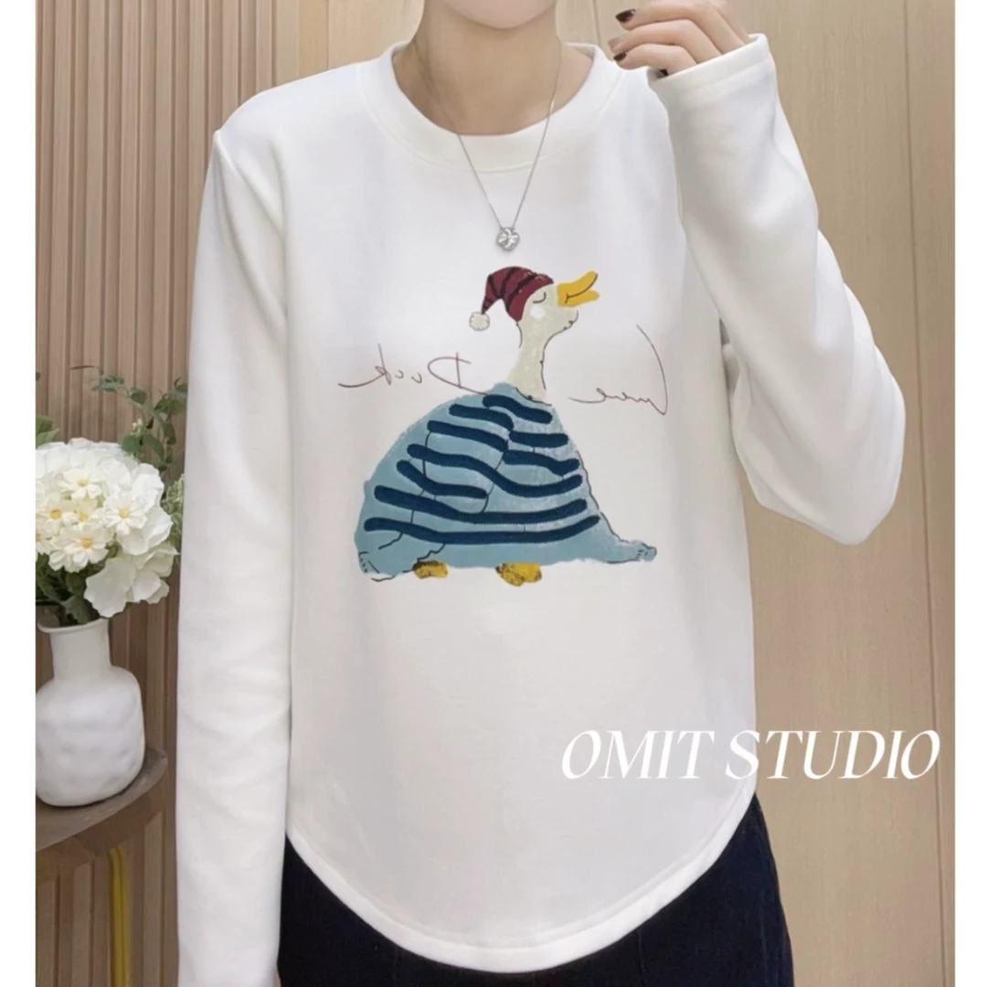 【大鹅长袖】新款秋冬双面绒加厚正肩印花减龄长袖